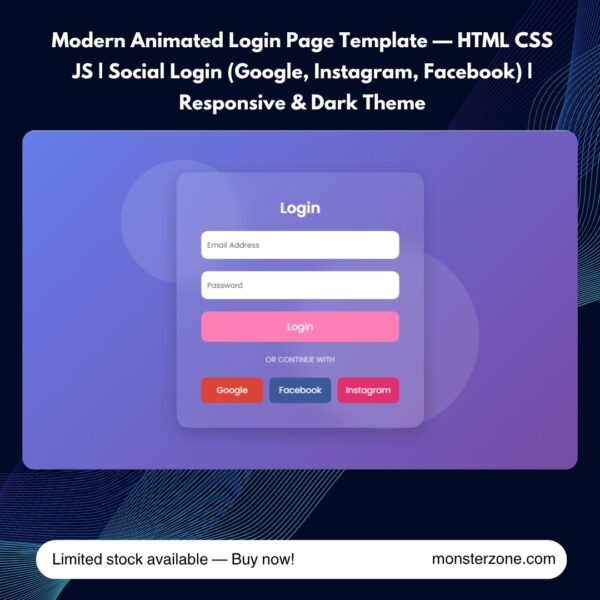 Modern Animated Login Page UI – HTML CSS JavaScript Responsive Template with Social Login